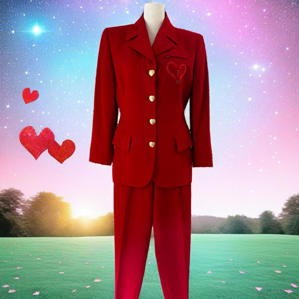 Cento Red 2 Piece Pants Suit with Gold Heart Buttons Size 40/Small